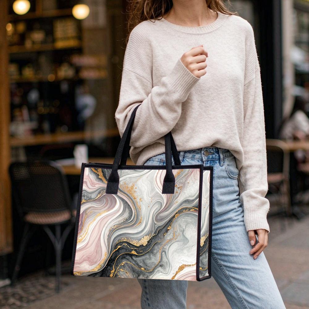 Marble Pattern Tote Bag Stylish Casual Daily Shopping Handbag for Women Portable Large Capacity Commuting Shoulder Bag