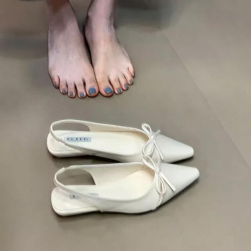 Универсальные женские сандалии с противоскользящим тонким каблуком, закрытым носком, эластичной лентой и бантом, летние уличные модные сандалии из ПУ черного/белого цвета 2025
