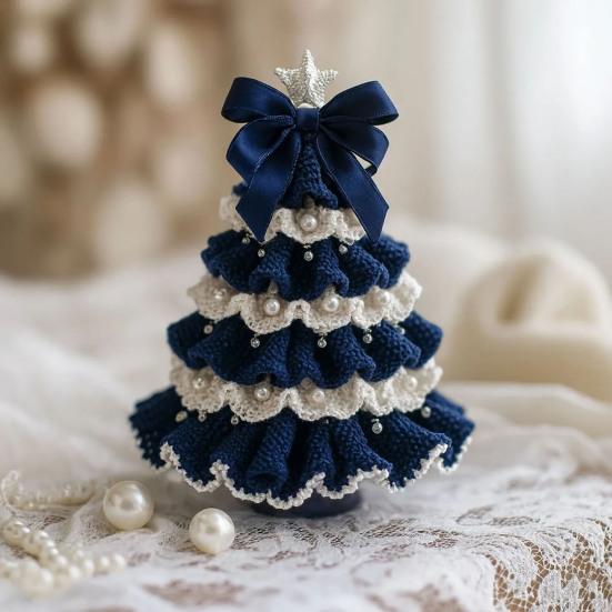 Handmade Crochet Christmas Tree DIY Xmas Tree Crochet Craft Starter Set with Bow And Faux Pearl for Beginners Knitting Holiday Decoration