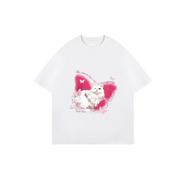 Oversized T Shirt Black Cat With Pink Wings And Butterflies Print For Casual Wear