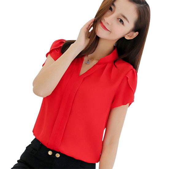 Летняя футболка с коротким рукавом и V-образным вырезом, модная однотонная шифоновая женская блузка-топ