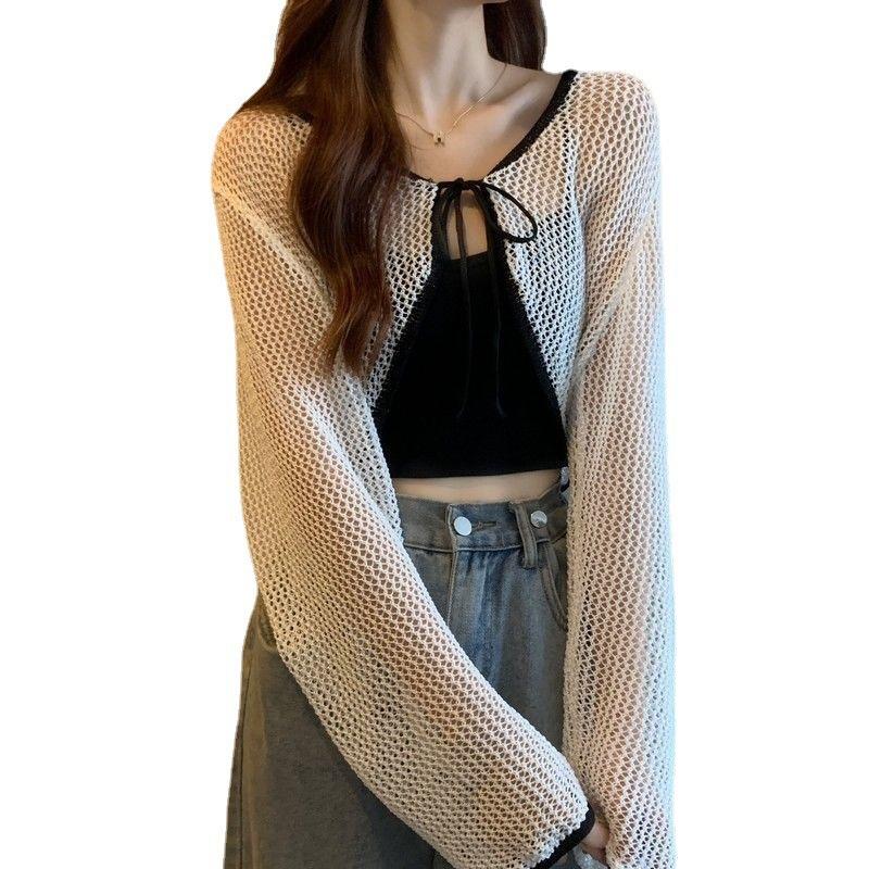 Lace-up Hollow Long-sleeved Knitted Cardigan Women's Edge-bumping Thin Summer Design Niche Loose and Sweet Short Top