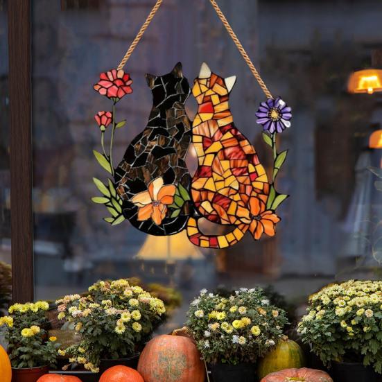 Dual Cat Flower Hanging Decoration Front Door Wall Window Acrylic Kitten Animal Floral Ornament