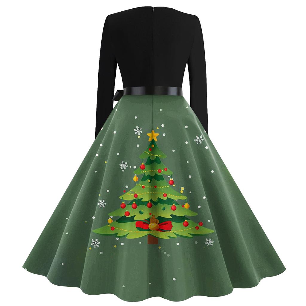 Women's Fashion Vintage Long Sleeve Square Neck Christmas Printed Evening Party Dresses Dresses