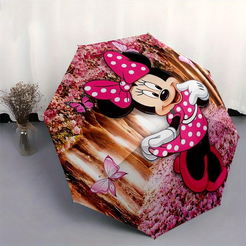 Minnie Mouse Cherry Blossom Themed Automatic Opening and Closing Folding Umbrella, Reinforced 8 Ribs, Compact Travel Design, Fashionable Fol