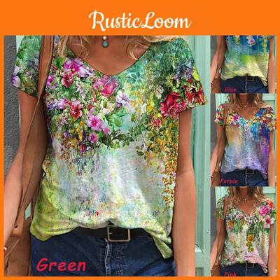 Стильная женская блузка с V-образным вырезом и короткими рукавами, мягкая, повседневная, свободного кроя, с цветочным принтом, туника