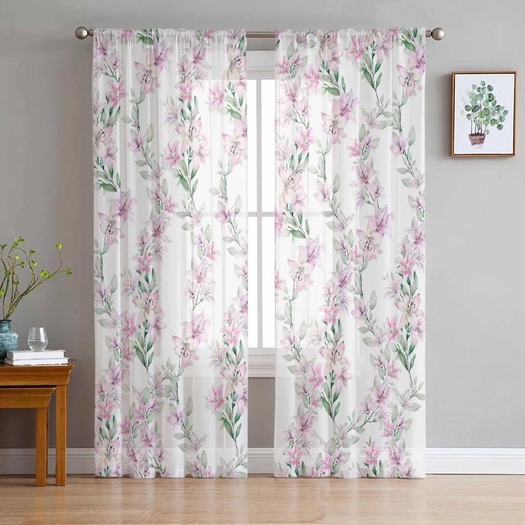 Watercolor Flower Lily Tulle Curtains For Living Room Sheer Curtain For Bedroom Kitchen Blinds Voile Curtains