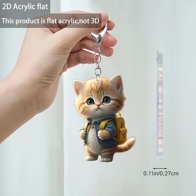 2D Плоский Акриловый Мультяшный Брелок Котик - Милый Дизайн в Голубой Куртке и с Желтым Рюкзаком, Кольцо-Застежка - Идеальный Пасхальный Подарок для Любителей Кошек