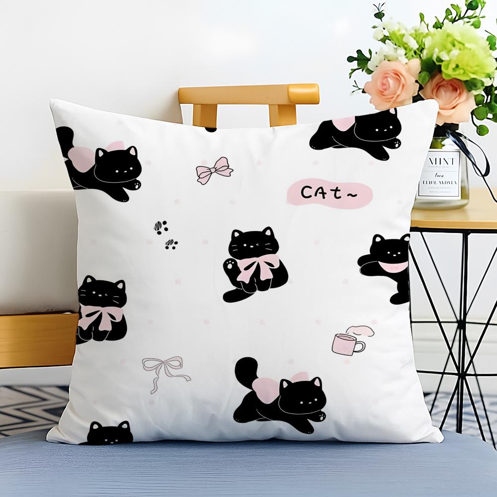 Cute cartoon little black cat Cushion Cover Washable Linen comfort Soft for Sofa Bed Cozy Home Room Decor