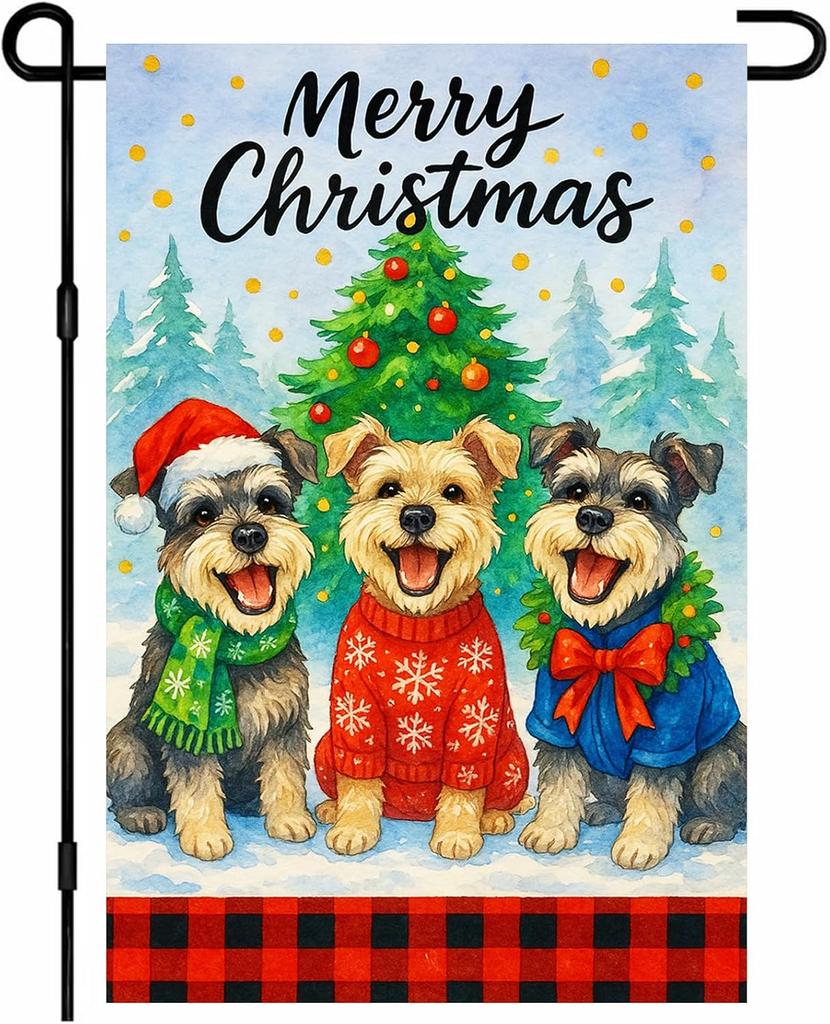 Merry Christmas Garden ag Double Sided 12x18 Inch Schnauzer Christmas Dog Holiday Yard ag Winter Tree Snow Scene Outdoor AAO