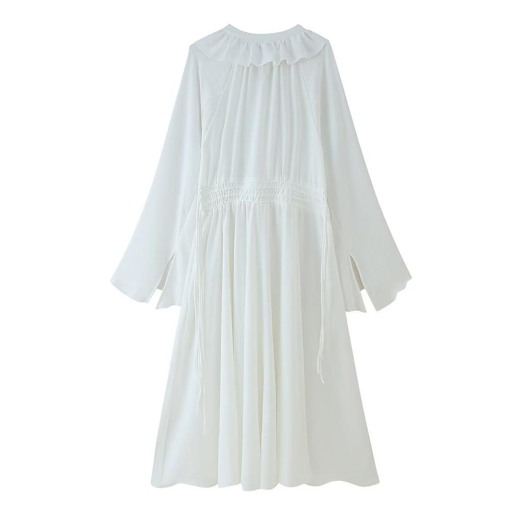 Элегантные белые свободные марлевые длинные платья женские повседневные с V-образным вырезом, расклешенным длинным рукавом, длинные халаты, новое женское уличное офисное платье