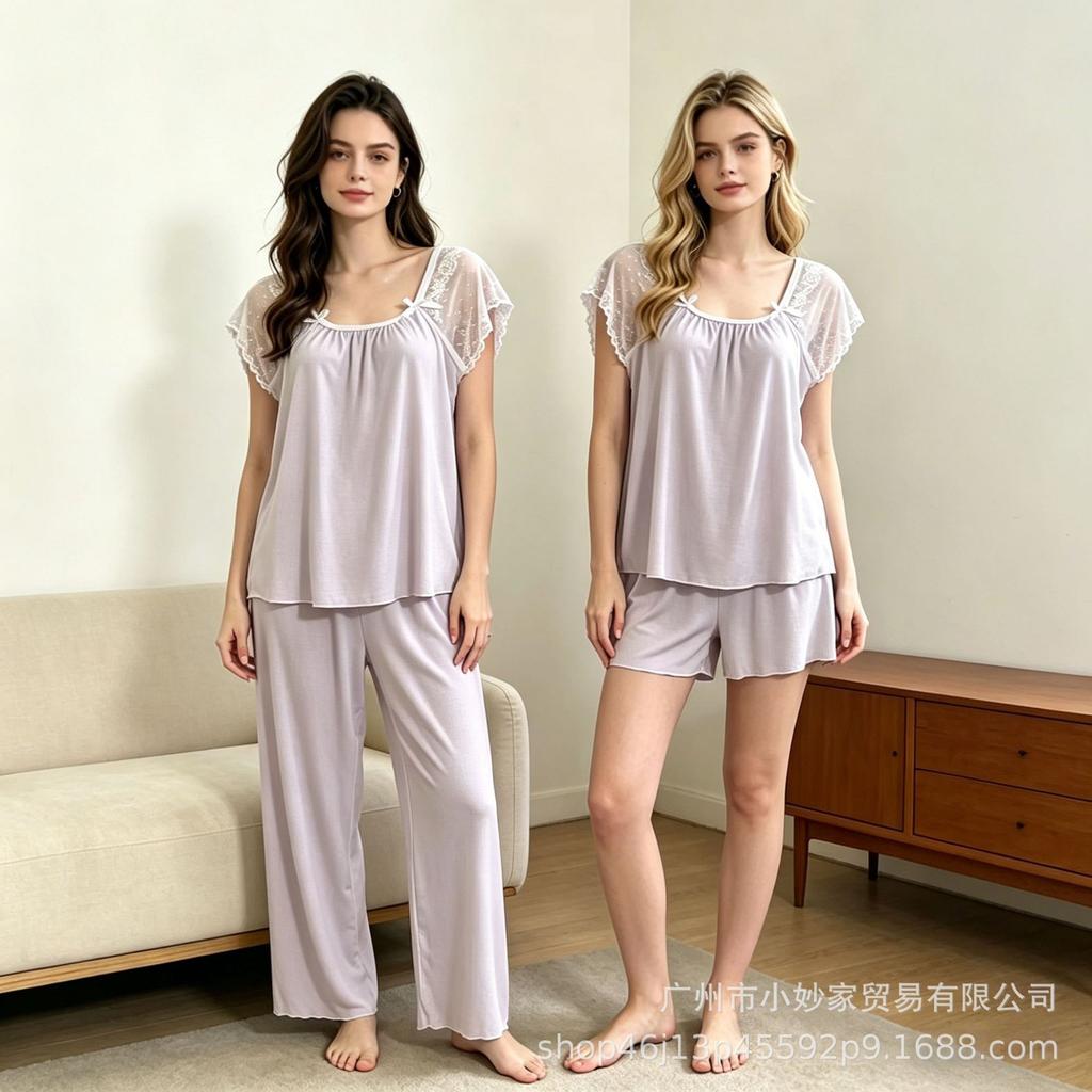 Women's pajamas set lace splicing thread short sleeves short sleeves trousers sweet loungewear three-piece set popular