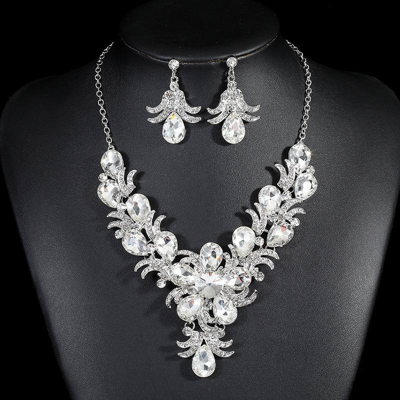 Retro Court Colorful Flower Crystal Jewelry Set, Alloy Clavicle Chain Necklace Earrings For Women