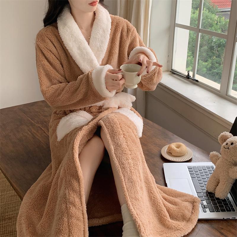 Халаты женские однобортные толстые свободные зимние теплые домашние простые для отдыха популярные для колледжа с V-образным вырезом женские уютные