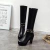 Sexy Autumn Winter Knee-Length Women Boots Round Toe Zip Metal Decoration High Heels Shoes Long Boots Black White Beige