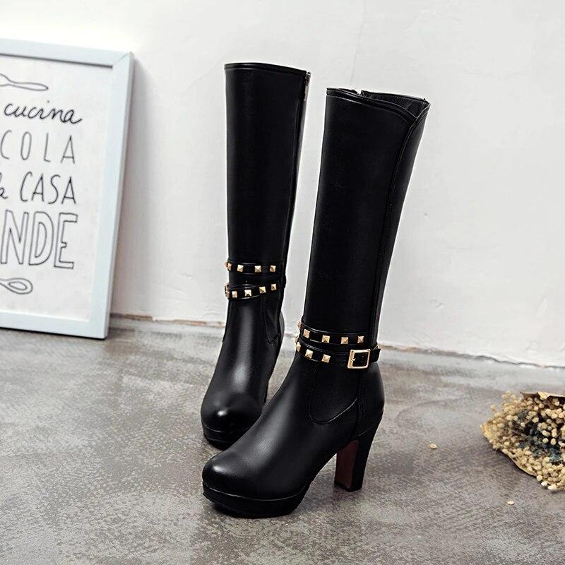 Sexy Autumn Winter Knee-Length Women Boots Round Toe Zip Metal Decoration High Heels Shoes Long Boots Black White Beige