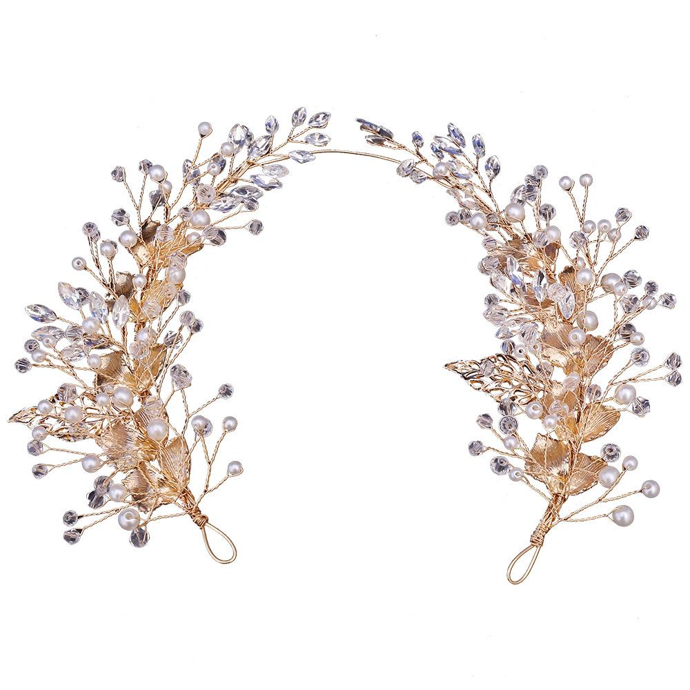 2026 European and American Silver Alloy Leaf Shape Handmade Pearl Hairpin, Bridal Branch Inlaid with Crystal Headband