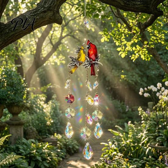 Indoor Outdoor Hanging Decor Cardinals Faux Crystals Suncatcher, Sun Catcher for Windows, Bird Wind Glass Patio Chimes with Chain, Prism Rainbow Maker
