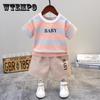 Summer Korean Short Sleeve Children's Suit Boys' and Girls' 0-4-year-old Round Neck Striped T-shirt Shorts Two-piece Children's Suit