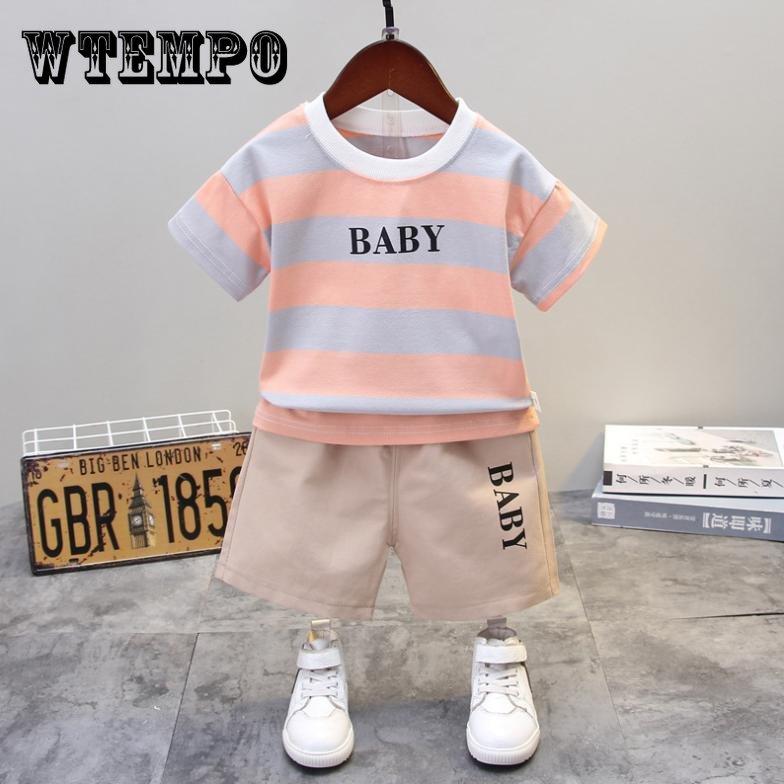 Summer Korean Short Sleeve Children's Suit Boys' and Girls' 0-4-year-old Round Neck Striped T-shirt Shorts Two-piece Children's Suit