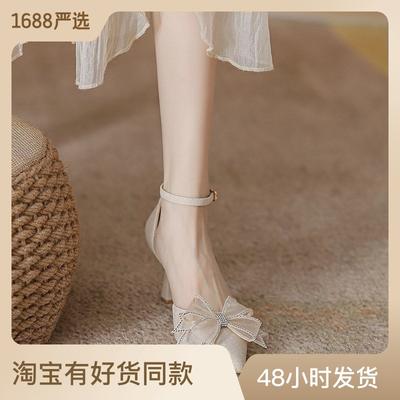 Туфли-лодочки принцессы с бантом из стразов, тонкий каблук, полые туфли на высоком каблуке, весна-лето 2025, женские свадебные туфли, темперамент