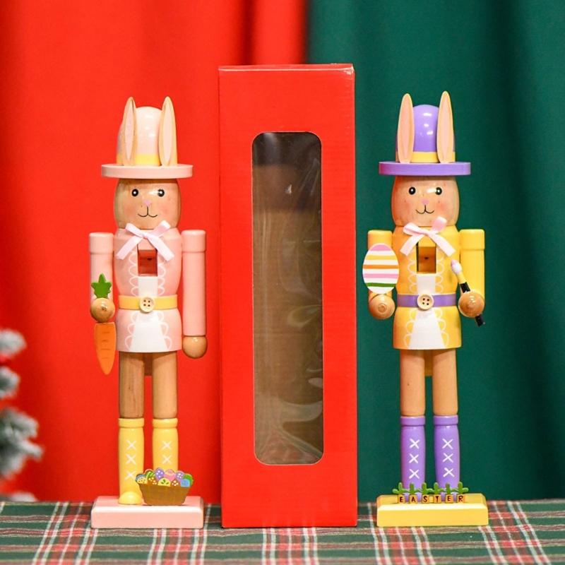 Artistic 12Inch Easters Rabbit Nutcrackers Wooden Figurine Ornament with Hat and Colorful Body for Holiday Decoration