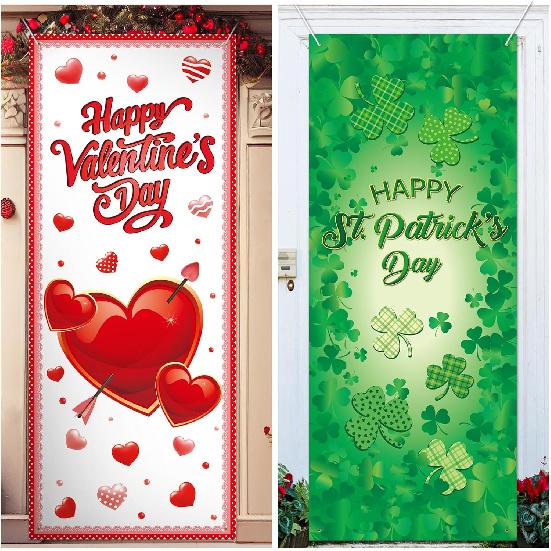 TaoBary 2 Pcs Valentine's Day and St. Patricks Day Door Covers Polyester Red Heart Happy Valentines Door Banner Green Shamrock Front Porch Decor for