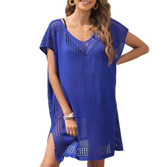 Cover Up Dress Side Split Sun Protection Washable Classic Hollow Pure Color Casual Bikini Cover Up Beach Clothing