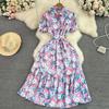 Vintage Robes Puff Short Sleeve Lapel Neck Vestido Wrapped Waist Slim Medium Length A-Line Print Dress