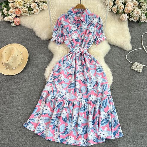 Vintage Robes Puff Short Sleeve Lapel Neck Vestido Wrapped Waist Slim Medium Length A-Line Print Dress