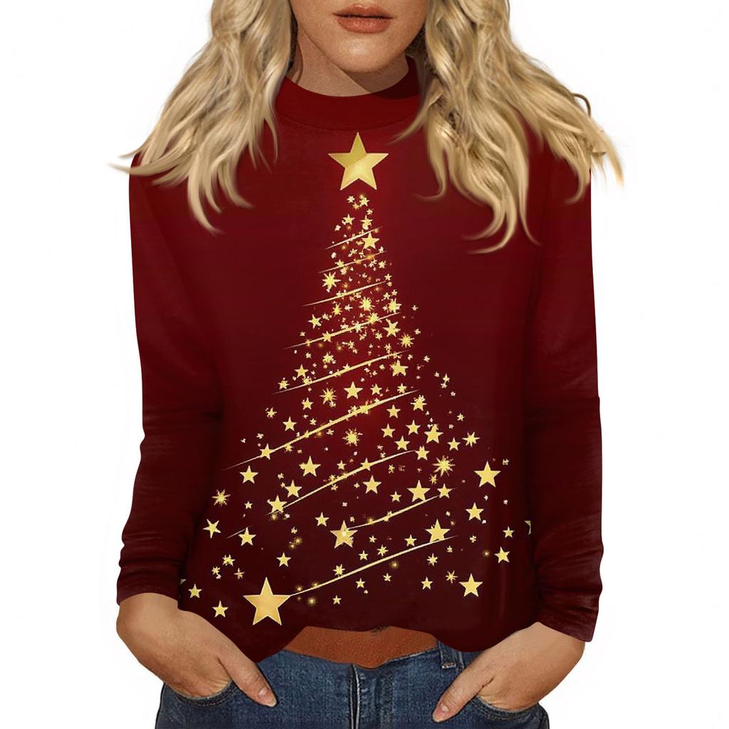 Women Fall Casual Long Sleeve Shirts Sweatshirt Vintage Printed High Neck Top Pullover