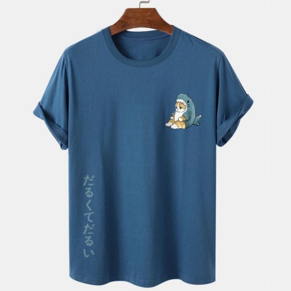 Cartoon Cat Men's T-Shirt Japanese Style Cat Print T-Shirts Casual Loose Short Sleeve Tee Oversized Men Clothing Tops Summer New