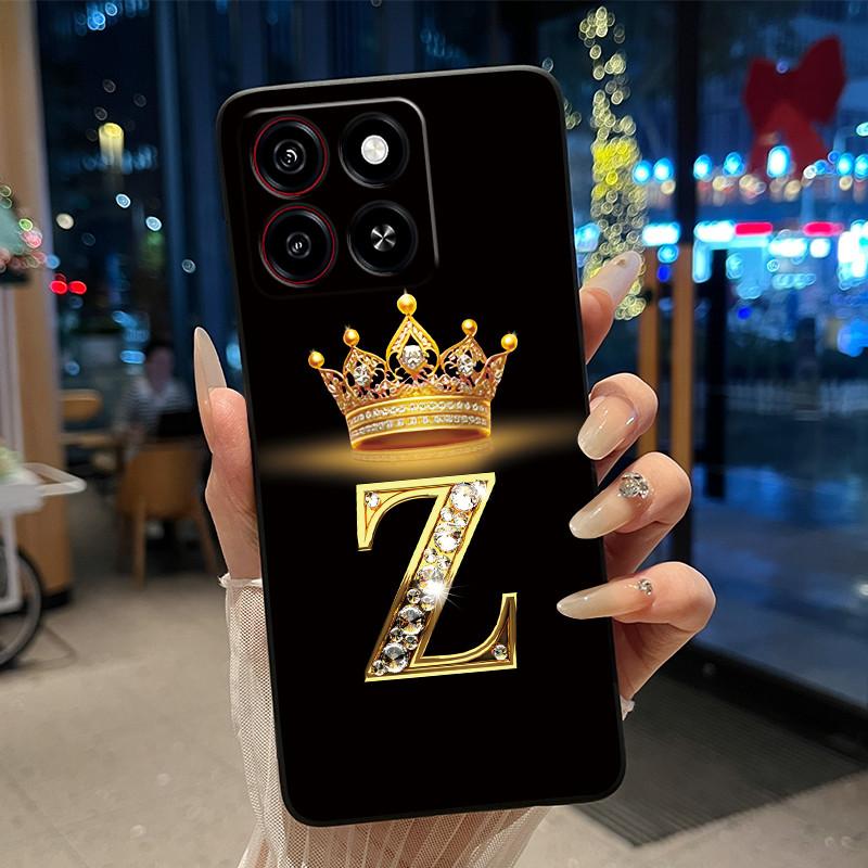 Cool Lucky A-Z Letter Phone Case For ZTE Blade A35/A55 Soft Silicone Black Case Shockproof Luxurious Glitter Crown Shell