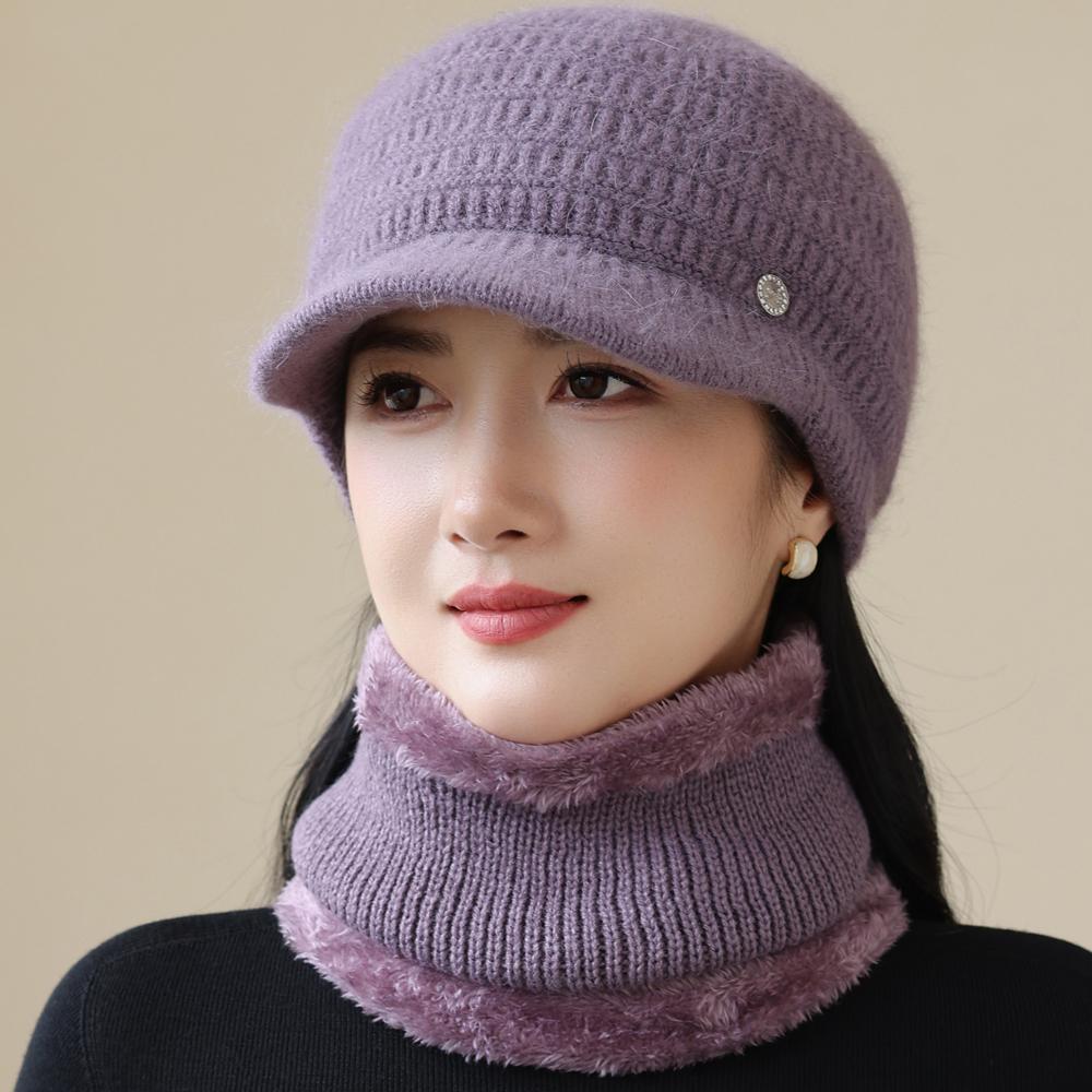 Новая женская зимняя шапка Модный теплый комплект Плюшевая подкладка из искусственного меха Теплые шапки для женщин Повседневная шапка-бини из кроличьего меха Зимняя уличная вязаная шапка Костюм