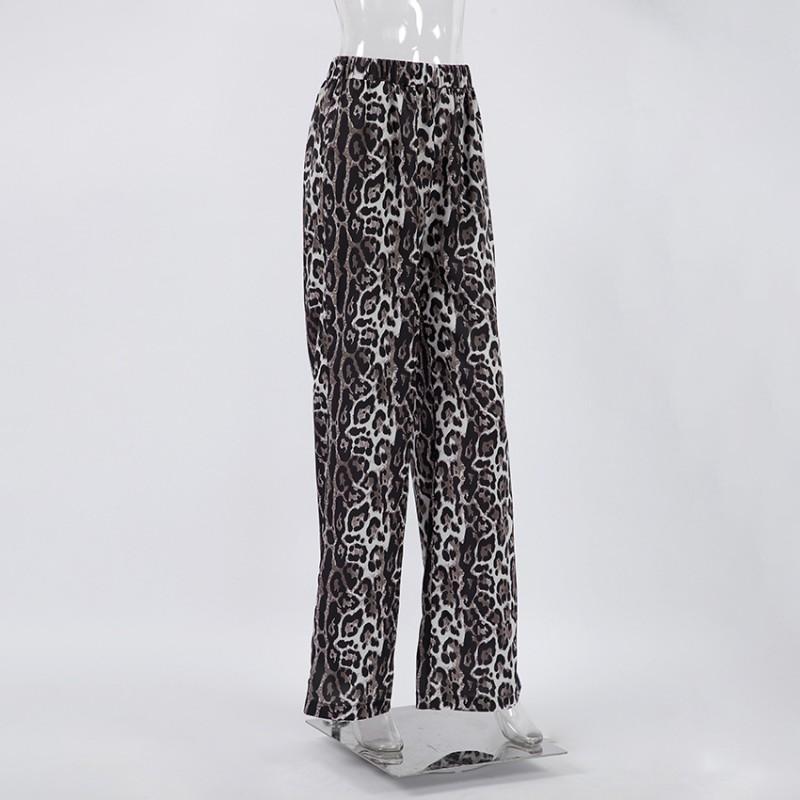 Leopard Print Wide Leg Pants Women Mid Waist Elastic Casual Trousers Loose Fit Street Style