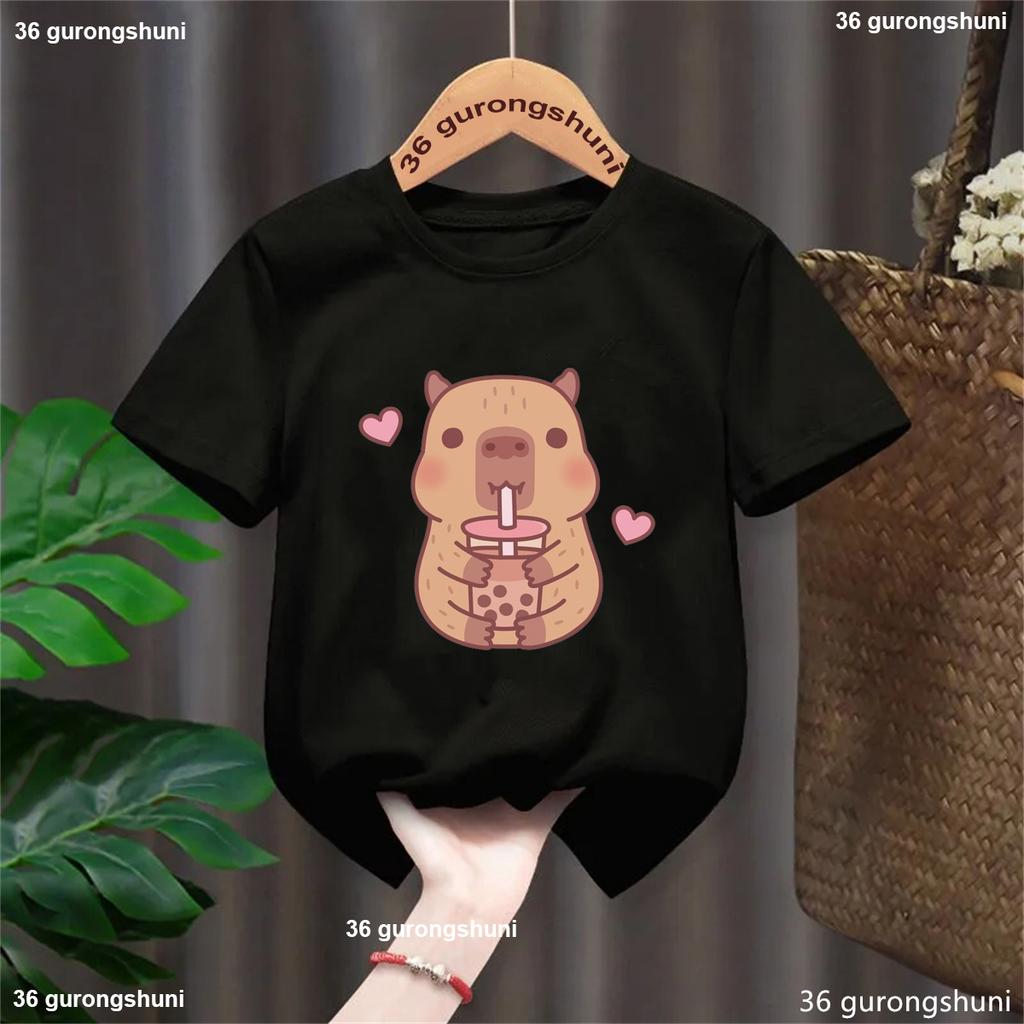 Funny T Shirt Capybara With Turtle Loves Bubble Milk Tea Printed T Shirt Girls/Boys Kawaii Kids Clothes Harajuku Shirt Tops