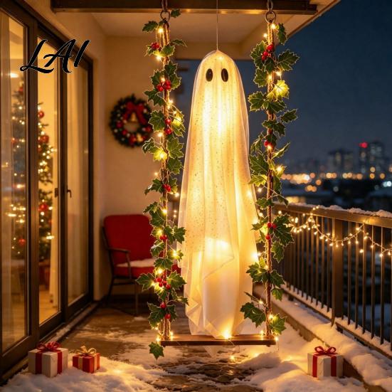 Seasonal Outdoor Party Accents Halloween Ghost Swinging Decoration with Light Berry Vine Hanging Ornament LED Lighted Tree Decor for Yard Patio,