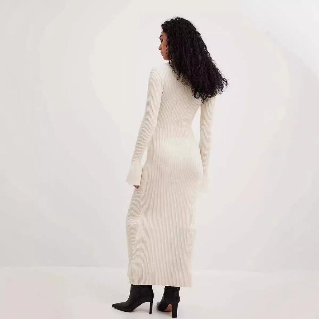 Autumn and Winter Women's Long Sleeve Dress Knitted Deep V Sweater Long Dress