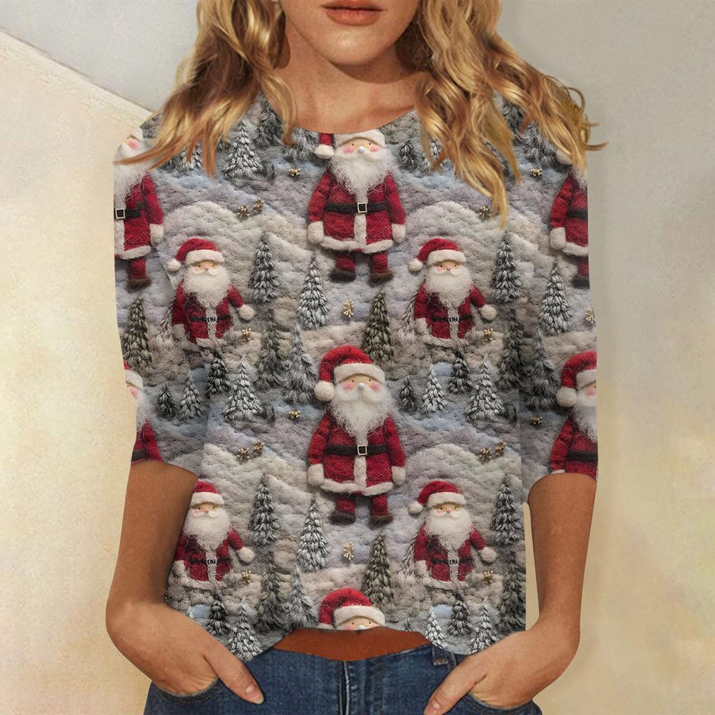 Women's Fashionable Casual Three-Quarter Sleeve Christmas Print Round Neck Top