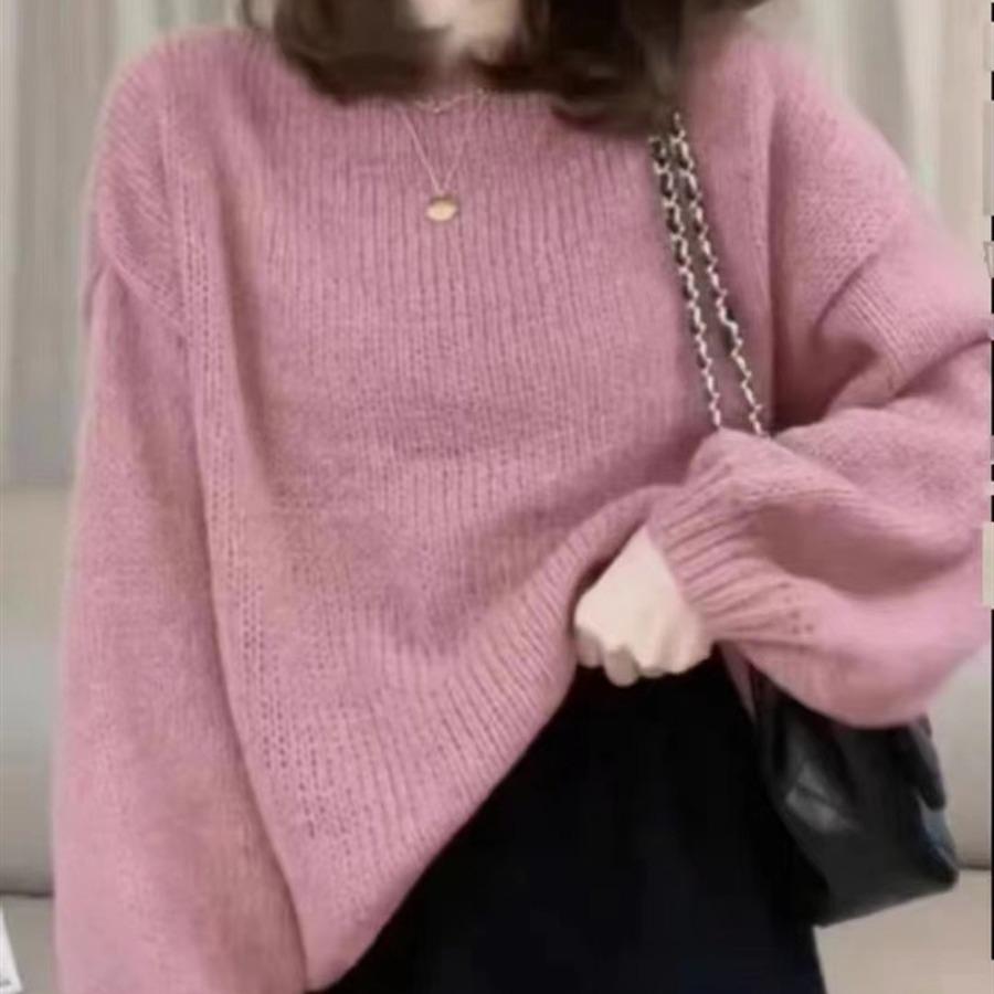 Корейский Сладкий Стиль Молодежный Универсальный Однотонный Свитер с Длинным Рукавом Женский Свободный Расслабленный Крой Облегающий Трикотажный Топ