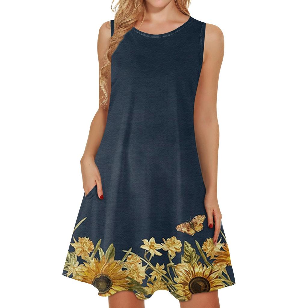Летнее женское повседневное пляжное платье без рукавов с принтом и круглым вырезом