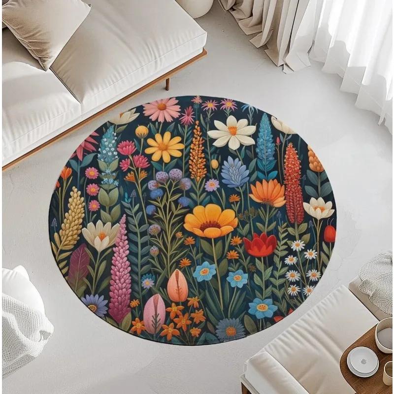 Floral Boho Round Rug – Modern Garden Print Non-Slip Mat for Living Room, Bedside or Entryway