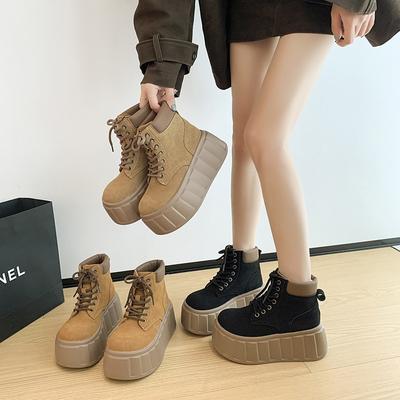Новые маленькие ботильоны на толстой подошве, увеличивающие рост, женские осенние модные ботильоны с рукавами-буфами, зимние