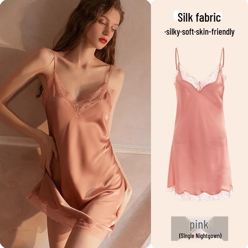 Высококачественная летняя ночная сорочка из кружева и ледяного шелка для женщин - стиль Pure Desire с нагрудными вкладышами, доступна в больших размерах