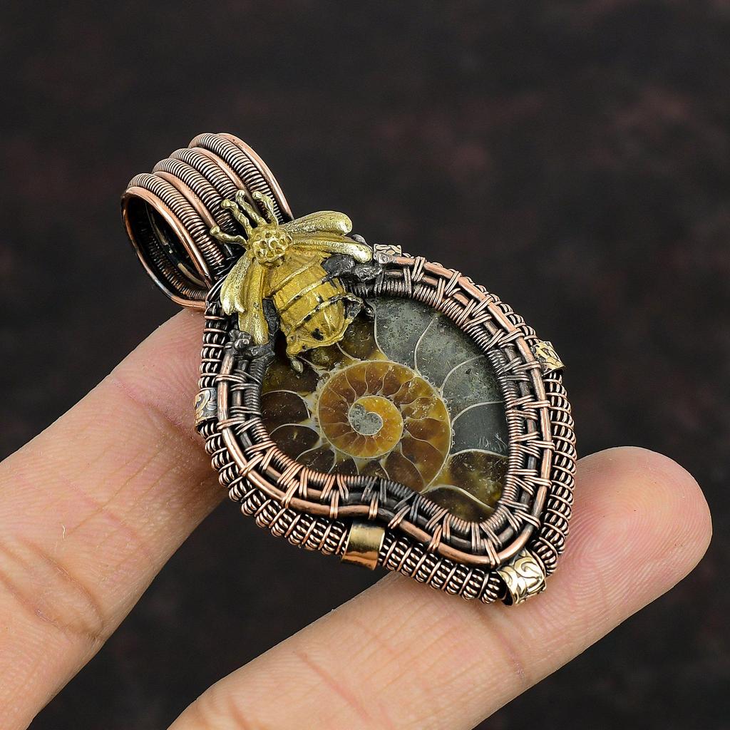 Подвеска из аммонита ископаемого, медная проволока, кулон с драгоценным камнем, медные украшения ручной работы, подвеска в виде медовой пчелы, уникальная проволочная обмотка, ювелирное изделие, подарок для него