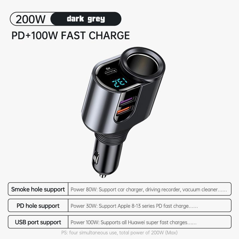 200W Car Charger Fast Charging Voltage Display USB 100W PD 30W 4 in 1 Dual 12V/24V Cigarette Lighter Splitter Power Adapter