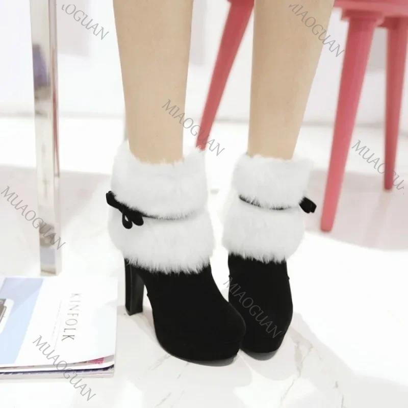 Мода 2025 Зима Новые Женские Меховые Сапоги Водонепроницаемая Платформа Высокий Каблук Толстые Хлопковые Сапоги Декоративный Бант Удобные Рождественские Красные Ботас