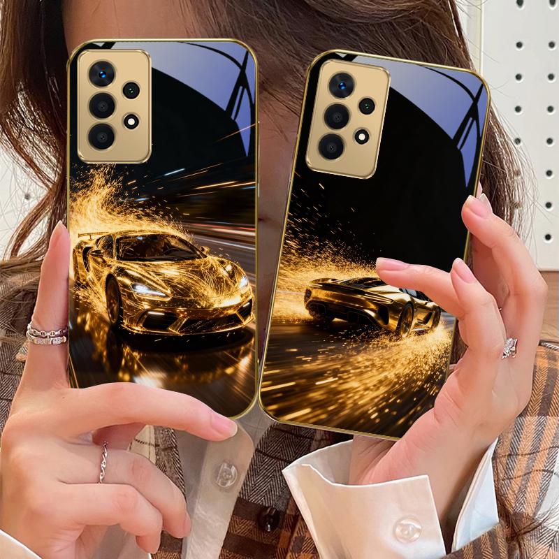 Летающий золотой суперкар Для Samsung A 01 52S A04 A05S A10 A12 13 22 23 24 36 42 M02 Note 10 20Ultra 8 9 Золотой стеклянный чехол для телефона