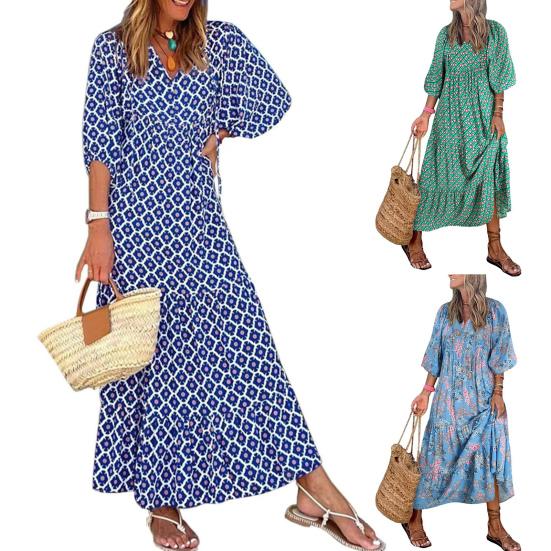 Lady Fall Dress Bubble Sleeves V Neck Printing A-line Loose Ankle Length Patchwork Bohemian Beach Maxi