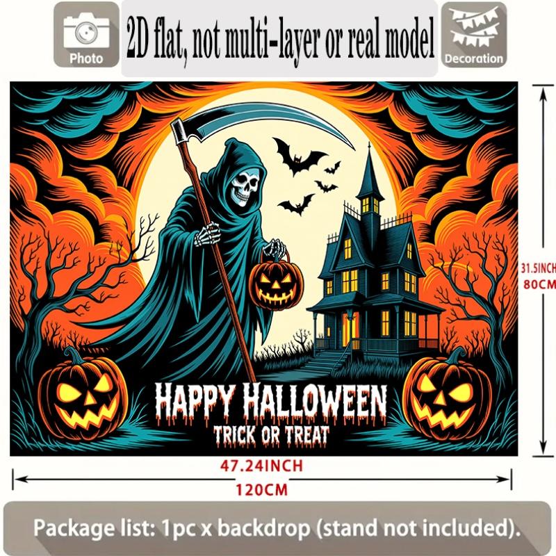 Party Backdrop Halloween Flat Banners Spooky Grim Reaper Haunted House Pumpkins Event Photo Background Front Door Decor